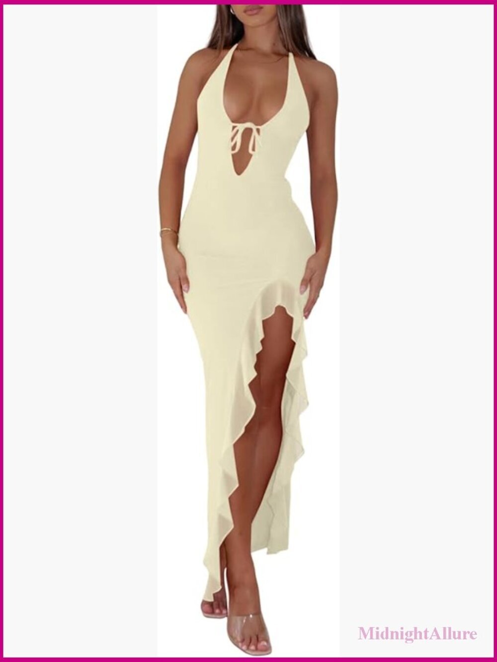 Sexy Halter V Neck Maxi Dress Mesh Ruffle High Slit Bodycon Cocktail Party